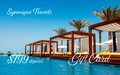 Synnique Travels $199 depost gift card with poolside furniture and palm trees.